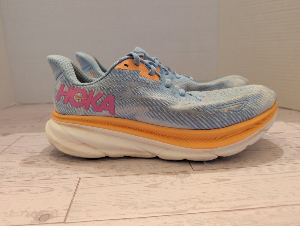 HOKA One One Clifton 9 Women's Running Shoes Size 8.5 D Airy Blue/Orange 1127896